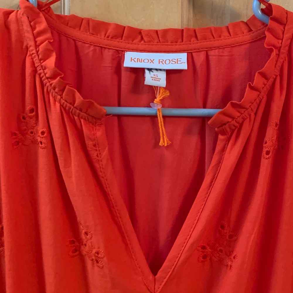 (K228) NWOT Knox Rose 3/4 Sleeve Red-Orange Sz XS Eyelet Dress Scalloped Hemline - Picture 3 of 12